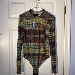 Blue Abstract Print Contrast Seam Bodysuit